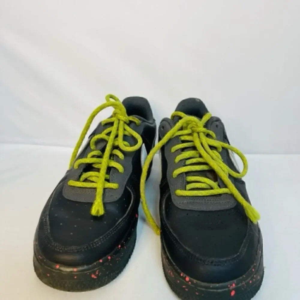 Nike Air Force 1 Black Silver Green Shoes AF1 DC2095-001  Kids 7Y Very Good Cond